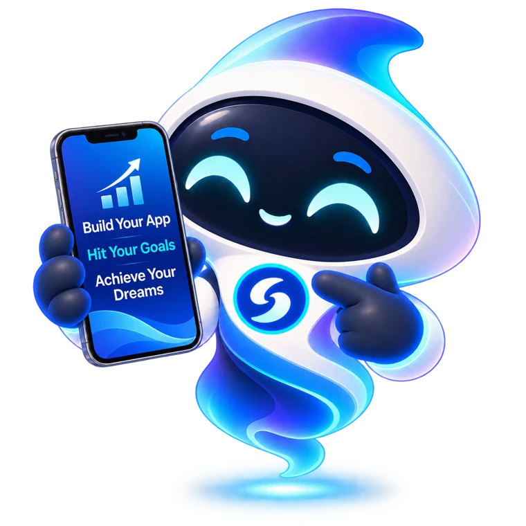 SuccessPilot holds a phone showing Build Your App, Hit Your Goals, Achieve Your Dreams
