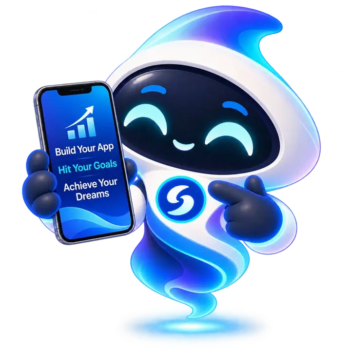 SuccessPilot holds a phone showing Build Your App, Hit Your Goals, Achieve Your Dreams
